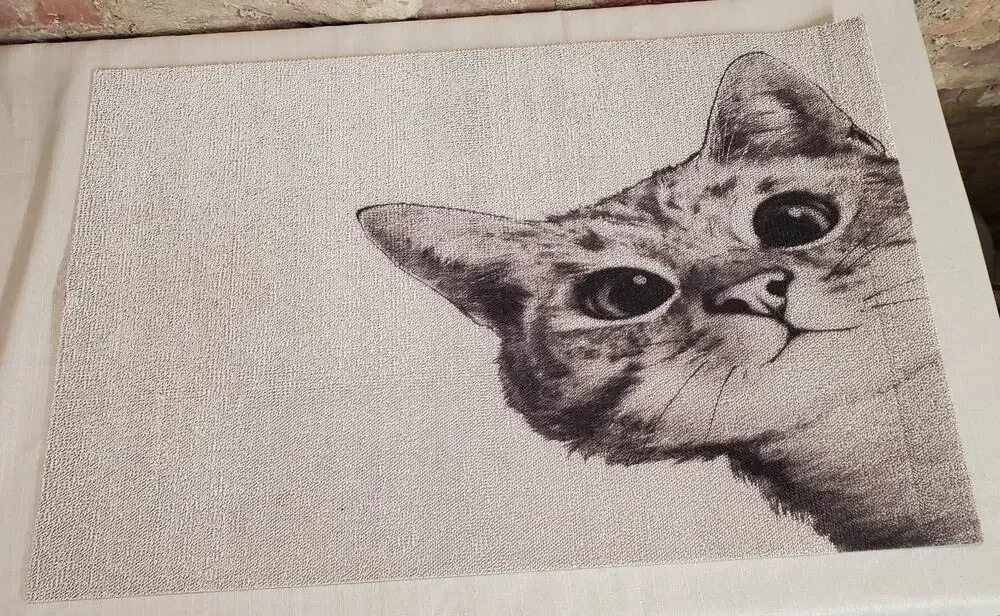 Cat Welcome Mat Peeking Kitten Gray Black White Fabric Dinner Rug Decor